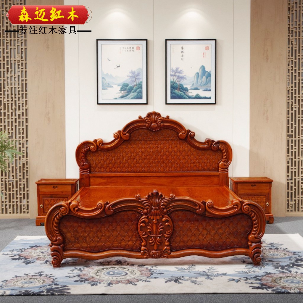 缅甸花梨原木花梨木欧式加厚独板红木床实木床品质双人床古典卯榫 - 图3