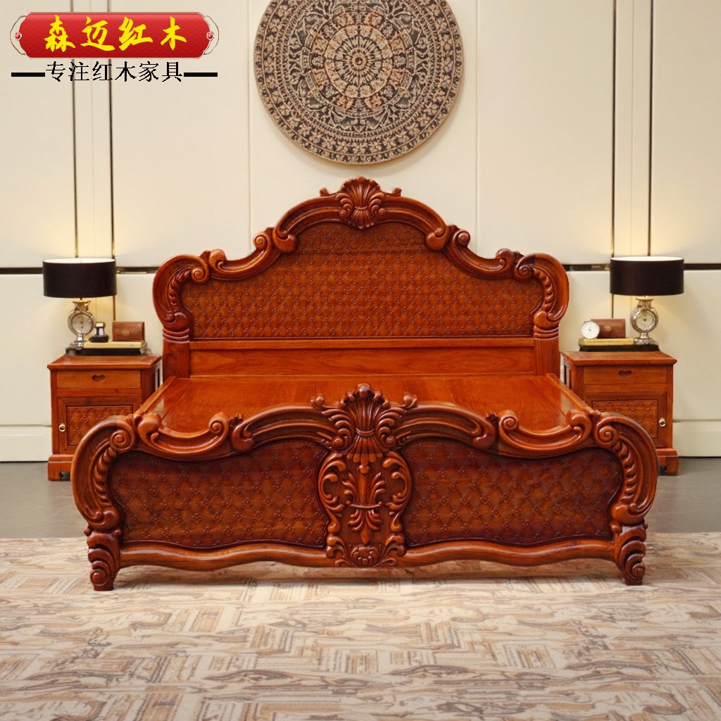 缅甸花梨原木花梨木欧式加厚独板红木床实木床品质双人床古典卯榫 - 图0