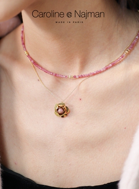 巴黎Caroline Najman正品代购FRIDA金色小花朵红纹石花蕊精致项链