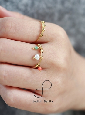 巴黎Judith Benita正品Fiore几何弯曲树枝藤条珍珠轻盈戒指可调节