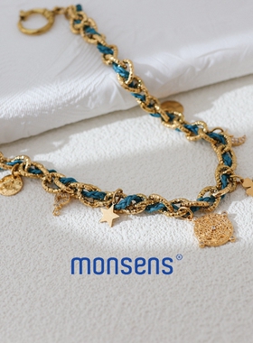 法国MONSENS代购Byzance编织绳金属混搭嘻哈风天使四叶草星月项链