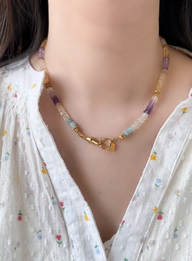 法国Leticia Ponti正品法国手工串珠百搭显白黄紫水晶开口项链