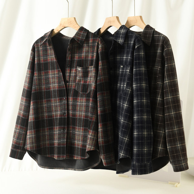 Women's velvet shirt jacket winter one-piece velvet plaid shirt