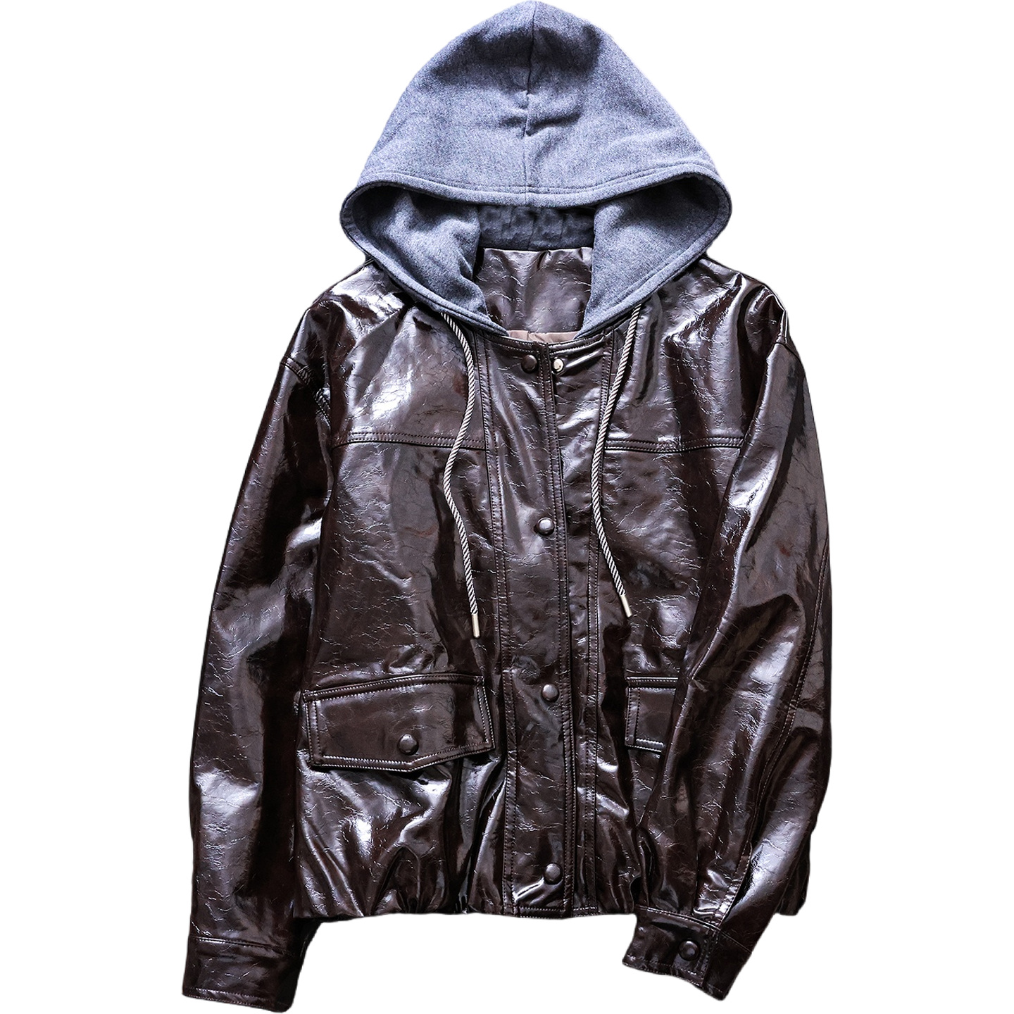 复古摩登撞色连帽假两件外套2025秋季新款宽松显瘦长袖女皮衣V996,淘宝优惠券,粉丝福利购,淘宝优惠卷