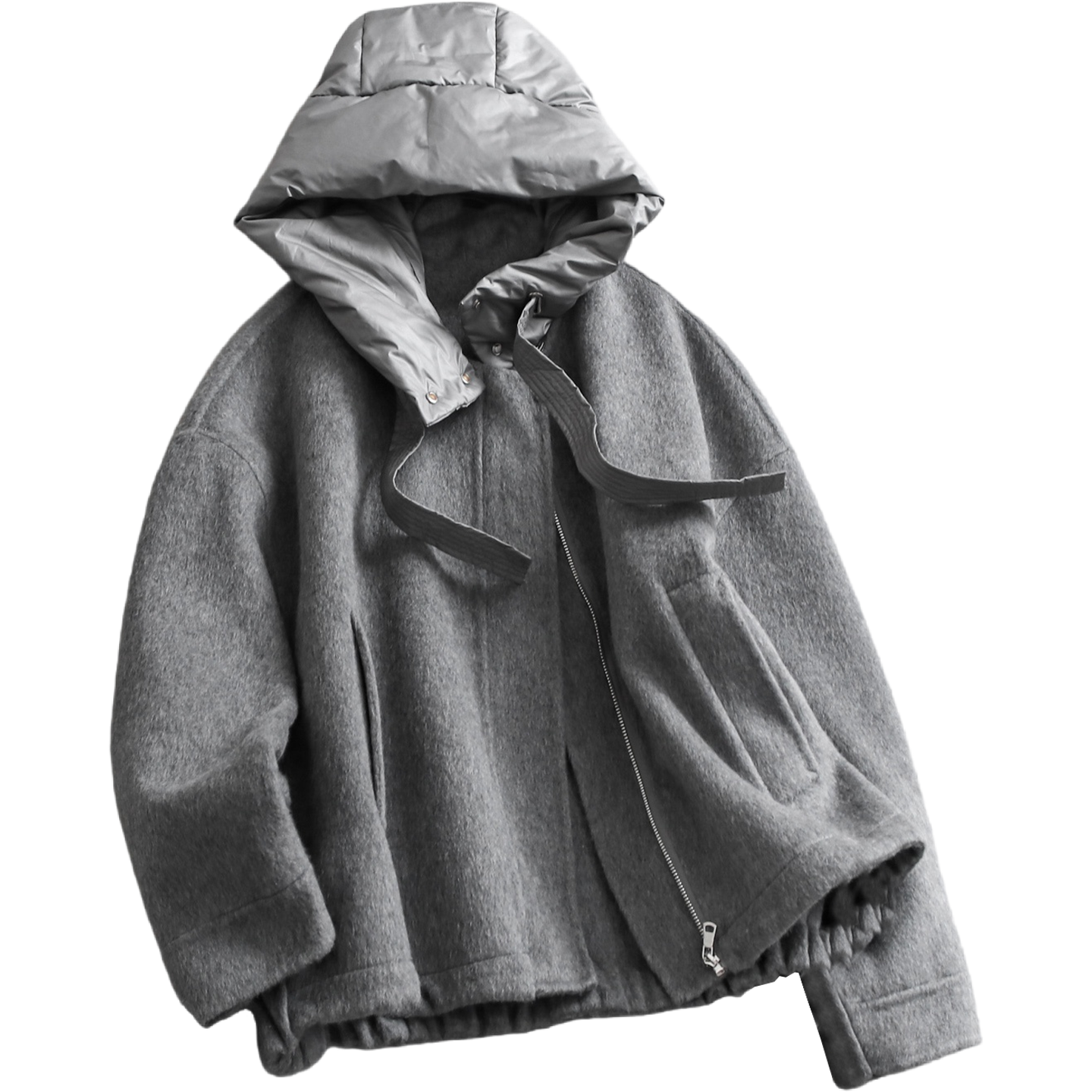 可拆卸羽绒连帽双面呢羊毛混纺大衣廓形显瘦长袖女装毛呢外套N986 - 图3