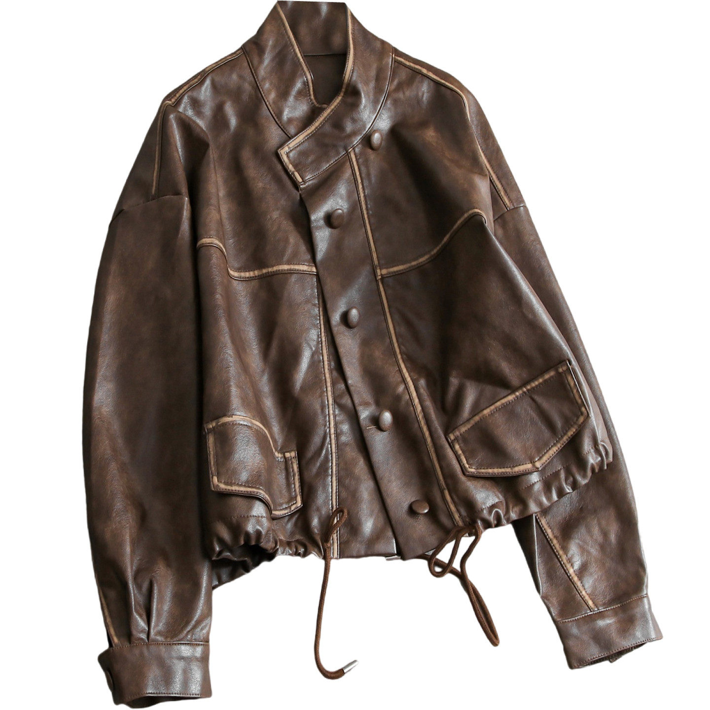 撞色复古宽松显瘦抽绳设计短外套2025秋季新款长袖夹克女皮衣B027,淘宝优惠券,粉丝福利购,淘宝优惠卷