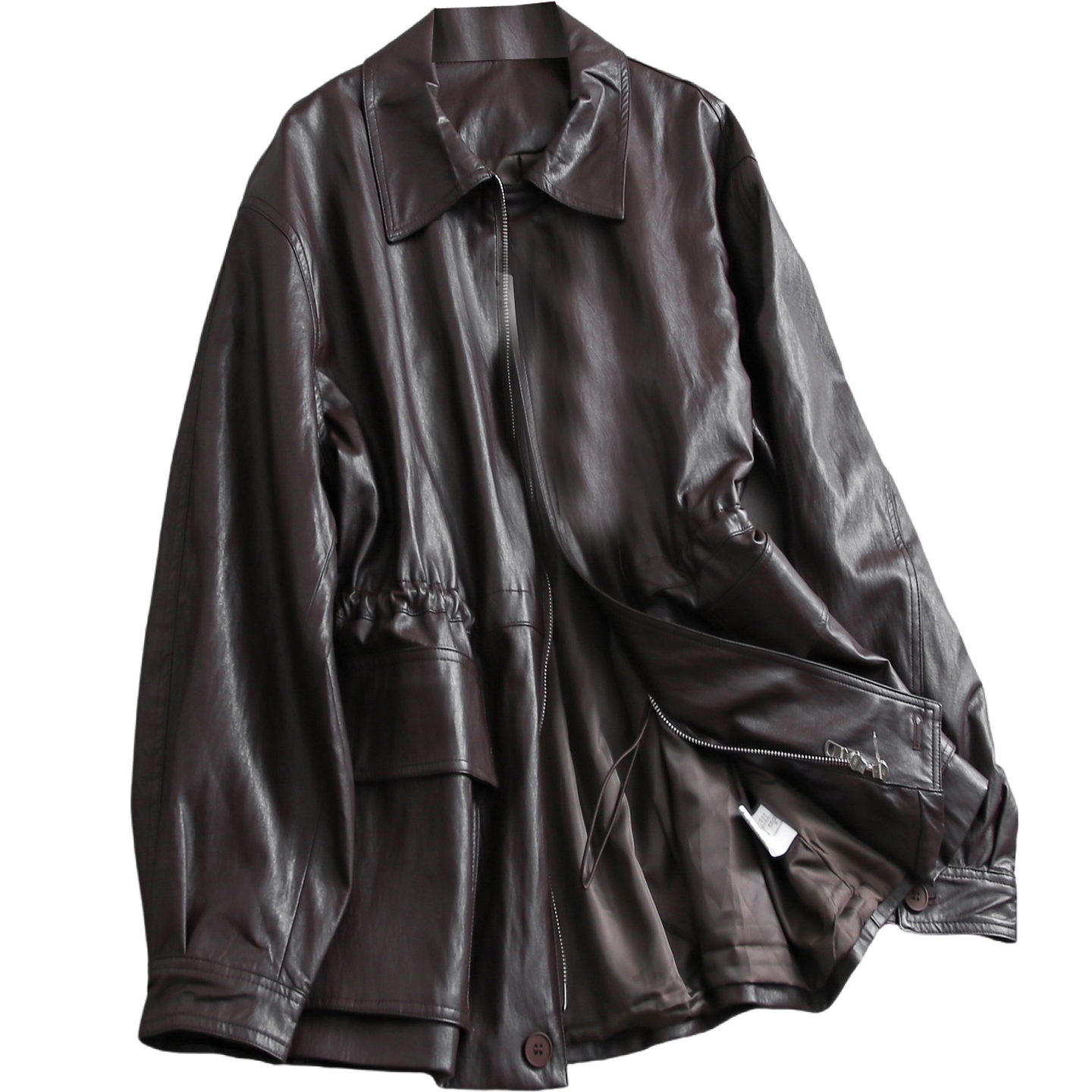 纯色宽松显瘦抽褶收腰翻领中长款2025秋季新款长袖外套女皮衣B142,淘宝优惠券,粉丝福利购,淘宝优惠卷