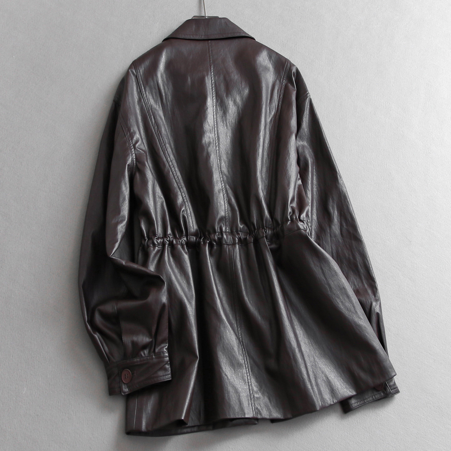 纯色宽松显瘦抽褶收腰翻领中长款2025秋季新款长袖外套女皮衣B142,淘宝优惠券,粉丝福利购,淘宝优惠卷