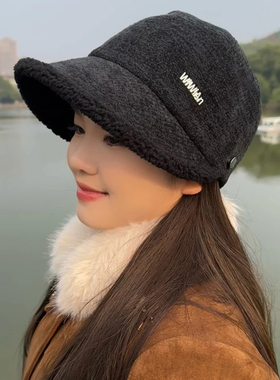 加绒护耳鸭舌帽女可挂口罩2025新款时尚洋气秋冬季保暖防寒帽子女