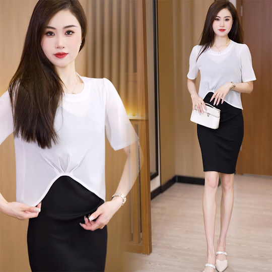 黑色短袖t恤女夏外搭宽松微透纯色吊带裙罩衫银线亮丝网纱上衣薄