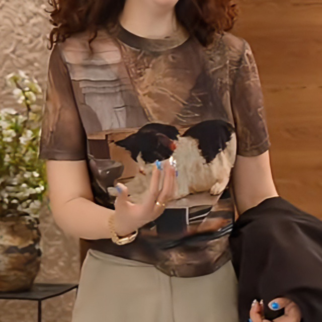 Summer niche design slim and versatile top 2026 new retro fashion kitten print t-sleeved T-shirt for women