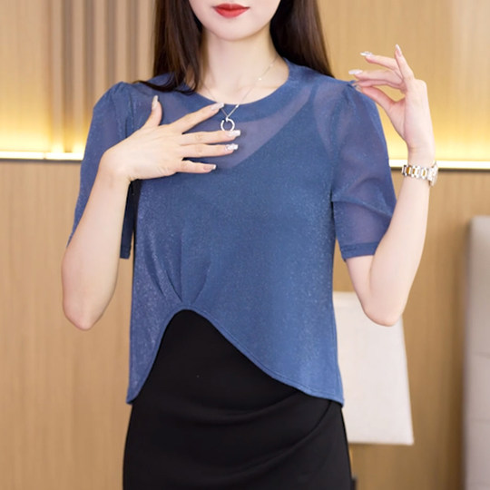 黑色短袖t恤女夏外搭宽松微透纯色吊带裙罩衫银线亮丝网纱上衣薄