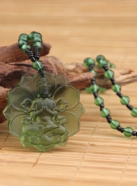 仿青玉绿度母古法琉璃佛牌吊坠