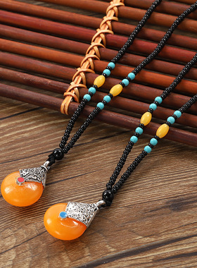 仿老蜜蜡树脂水滴项链民族风吊坠