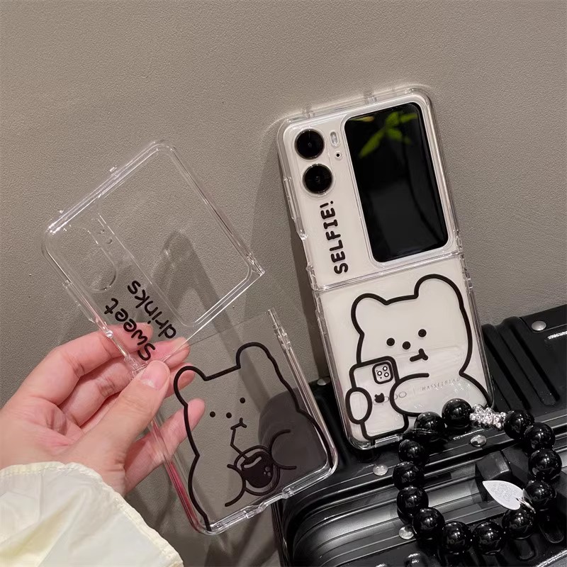 ins可爱卡通简约线条小熊适用OPPOFindN3Flip手机壳新款oppoN2Flip全包防摔n3flip防摔小折叠屏保护套手链女 - 图0