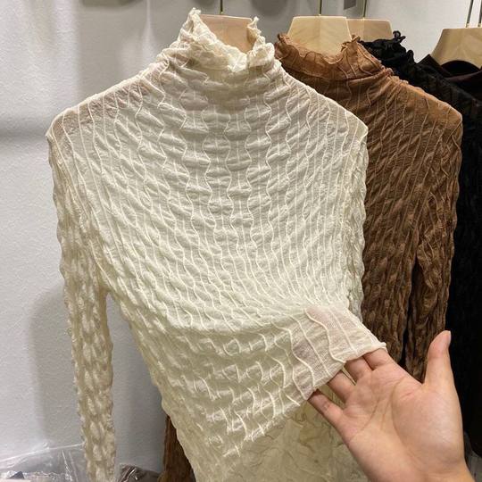 捡漏特价剪镖外贸折扣女装水波纹高领蕾丝长袖T恤女薄打底衫上衣