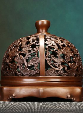 紫铜云浮纹如意熏炉家居办公室镂空香炉茶室书房香道工艺品摆件