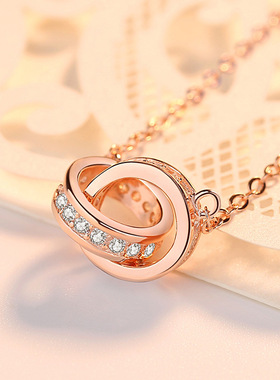 s925银项链女时尚玫瑰金圆环环相扣项链双环镶钻短款锁骨链套链