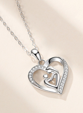 S925纯银心形母子拥抱吊坠欧美风微镶时尚创意母爱跨境母亲节礼物