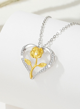 跨境外贸S925银项链不掉色女双色玫瑰ins小众心形欧美项链女百搭