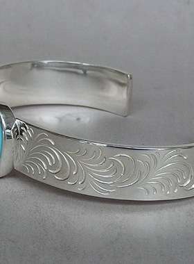 原矿纯天然绿松石手镯 925纯银手工錾刻唐草