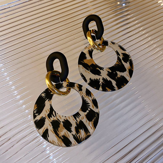 925银针秋冬豹纹几何圆圈耳环女欧美复古百搭时尚耳圈个性耳饰潮