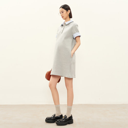 BELLYWEAR孕妇装夏季新款学院风拼接polo领短袖针织假两件连衣裙 - 图1