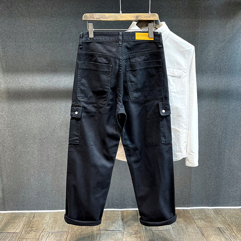 高街纯黑牛仔裤男士直筒宽松阔腿老爹潮牌大码秋季工装休闲长裤子 - 图0