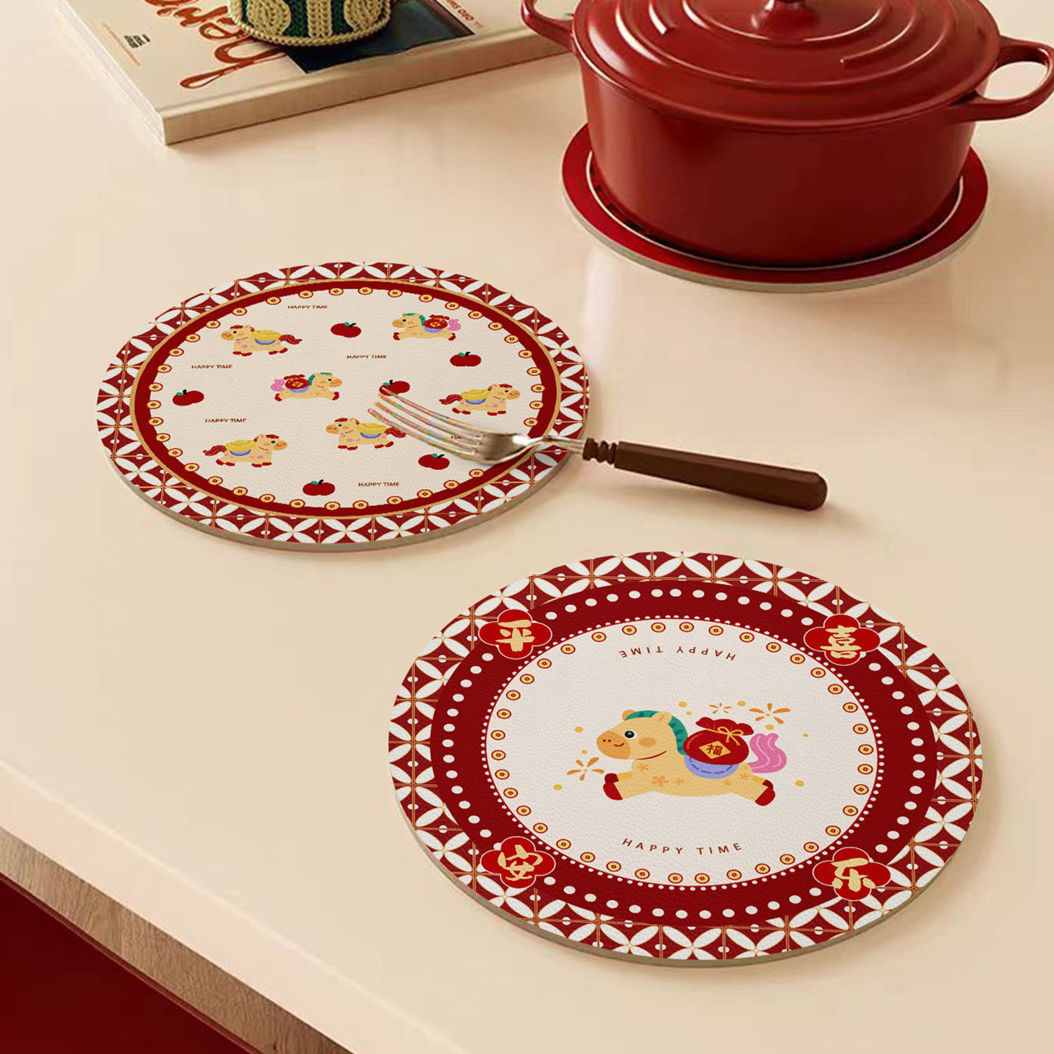 新年红色小号卡通餐垫圆形防滑隔热垫节日喜庆餐桌垫碗盘垫子杯垫,淘宝优惠券,粉丝福利购,淘宝优惠卷