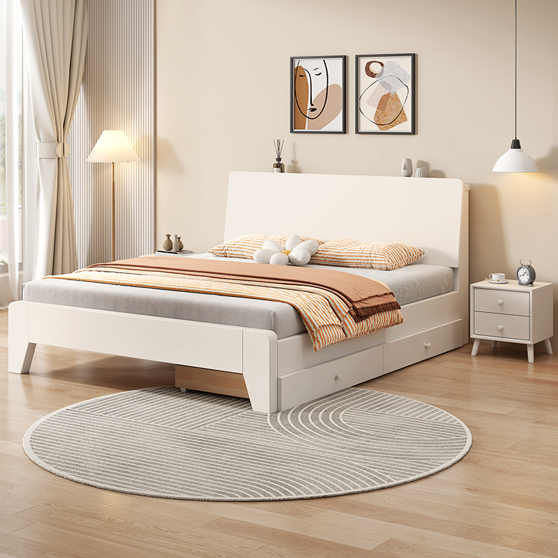 法式全实木奶油风1.8米双人大床卧室家用现代简约1.2米小户型单人 - 图0