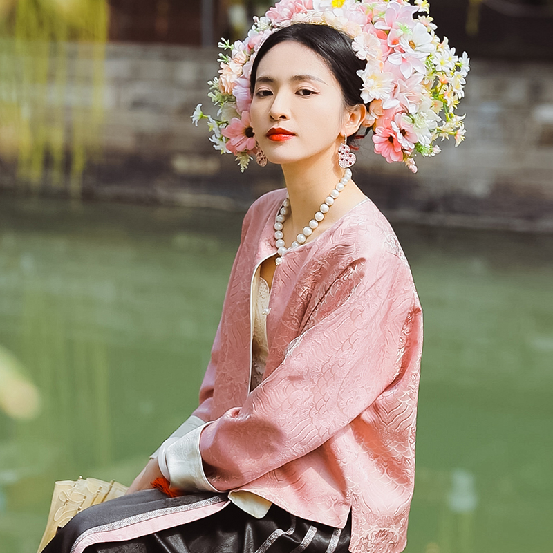 复古日记“丹青芙蓉”粉金色双面穿女装夏季新中式上衣桑蚕丝外套