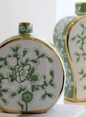 意式东方牡丹水绿窑变珍品纯手绘陶瓷花瓶家居客厅玄关青花瓷