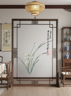 定制半透明纱布画茶室书房入户玄关隔断实木古画兰花双面刺绣屏风