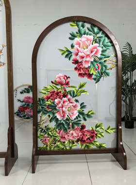 定制半透明纱布画宫庭花鸟图粤广苏绣实木屏风花格隔断单双面刺绣