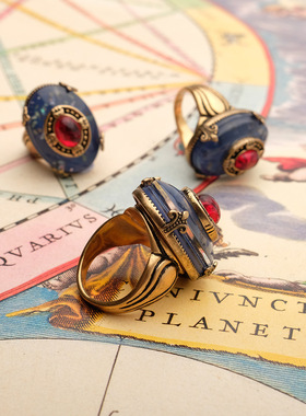 欧洲复古系列 蓝色琉璃黄铜vintage戒指男女同款戒指 指