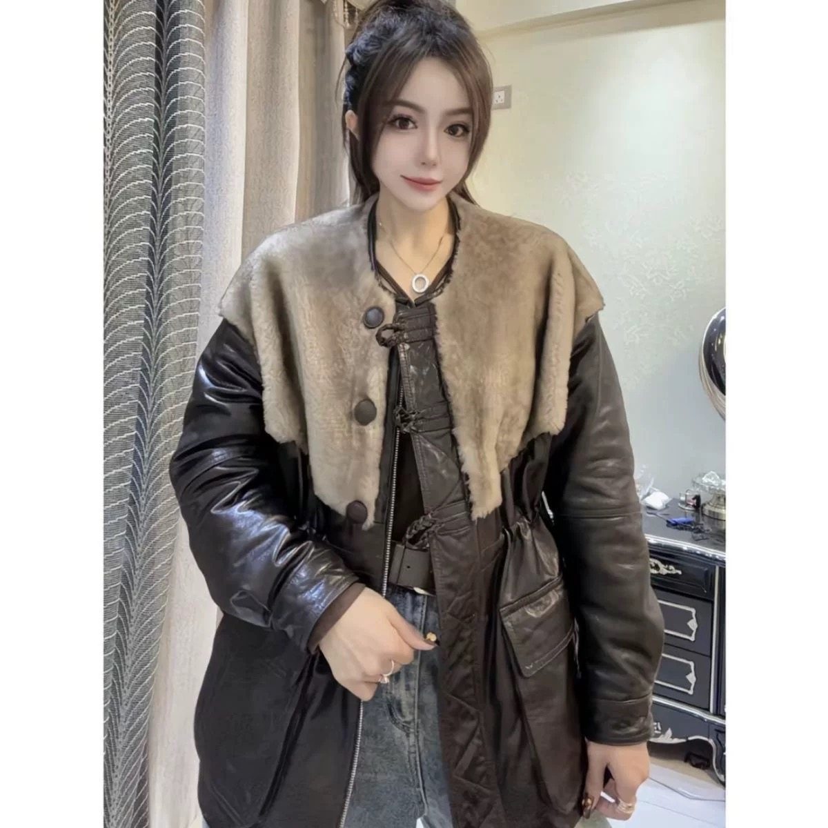 网红同款真皮皮衣女绵羊皮落曼高光油蜡皮鹅绒宽松外套,淘宝优惠券,粉丝福利购,淘宝优惠卷