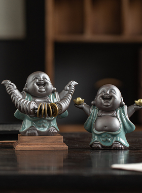 中式陶瓷哥窑招财弥勒佛摆件