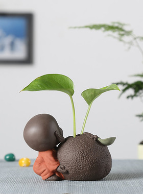 创意紫砂小和尚花器家居桌面摆件