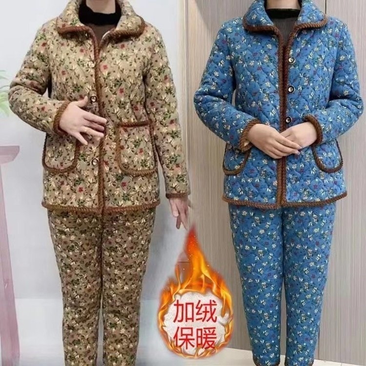 妈妈装冬季加绒棉衣棉裤套装中老年女宽松大码棉袄保暖棉服两件套