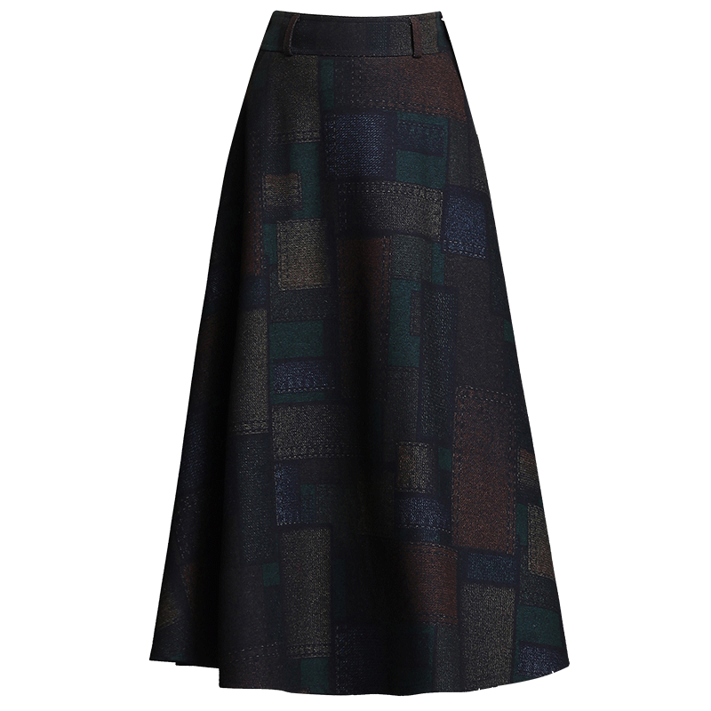 a字毛呢遮肚子黑色长款秋冬百褶裙 都孜妮半身裙