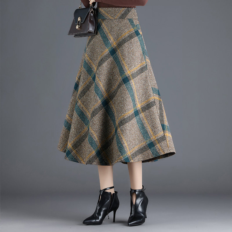 气质方格裙子大摆长裙毛呢半身裙 都孜妮半身裙