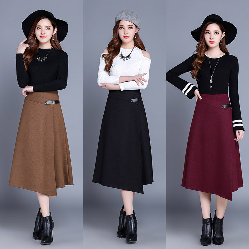 卡其色a字裙秋冬毛呢中长款半身裙 都孜妮半身裙