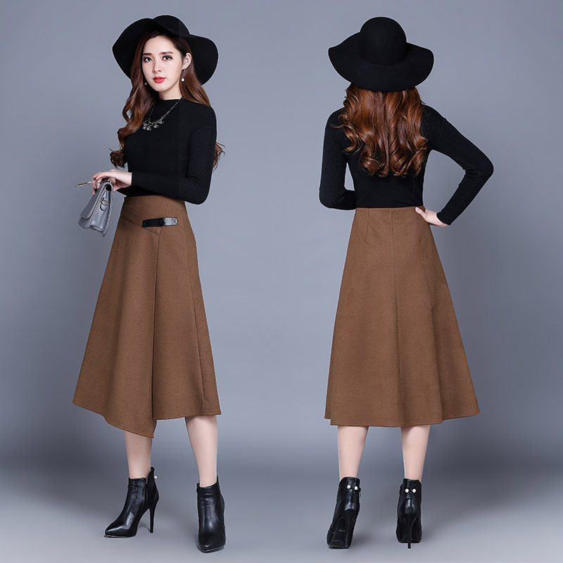 卡其色a字裙秋冬毛呢中长款半身裙 都孜妮半身裙