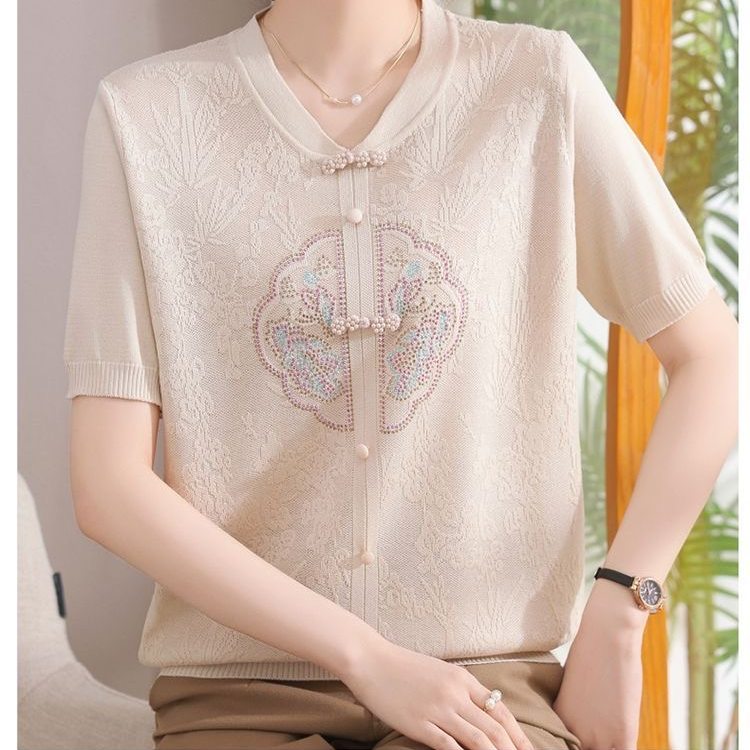 中国风短袖T恤女刺绣盘扣针织上衣洋气冰感丝针织衫