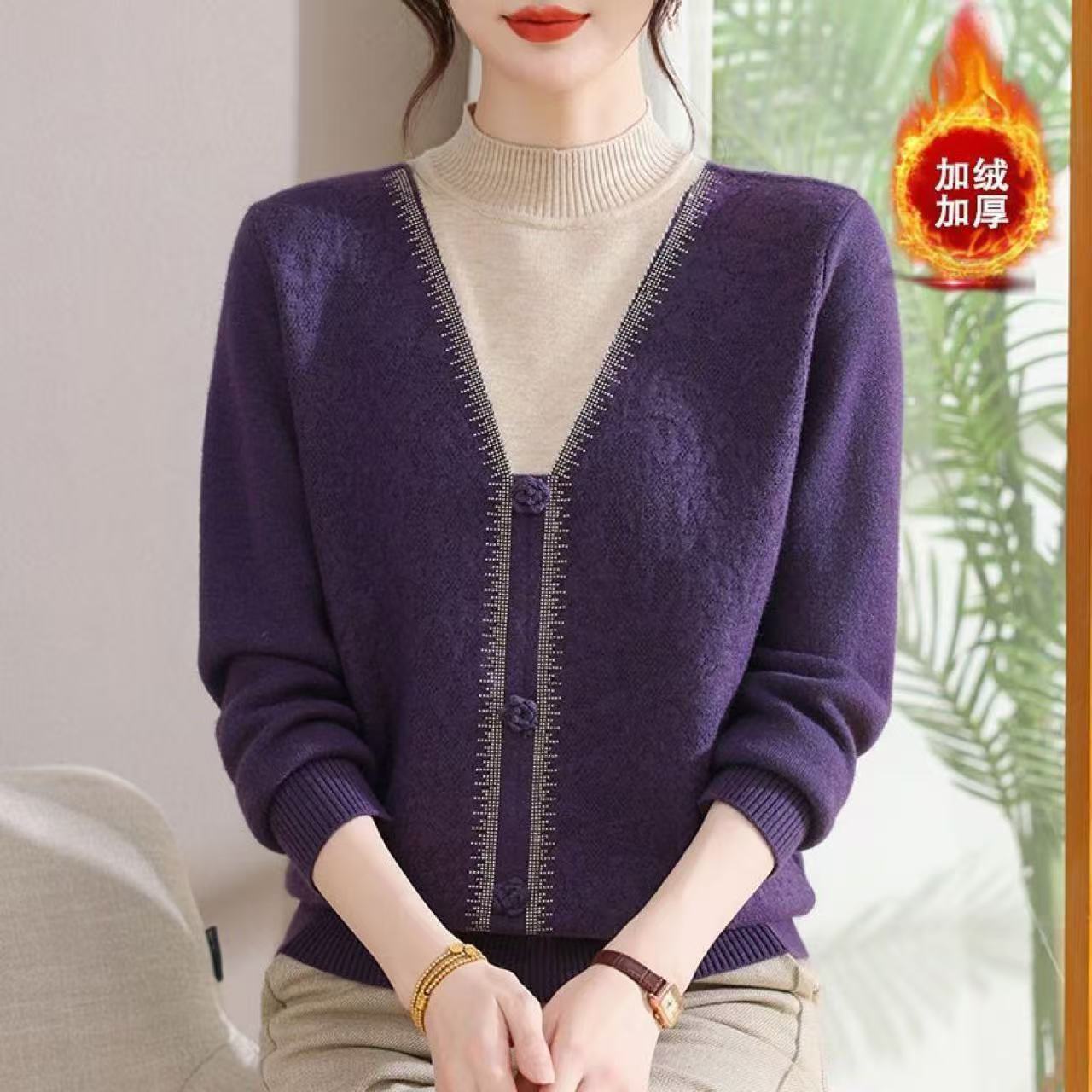 2025新款毛衣女加绒假两件针织衫时尚百搭冬季上衣羊毛衫洋气打底