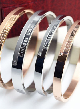日韩挚爱镶钻钛钢玫瑰金情侣手镯