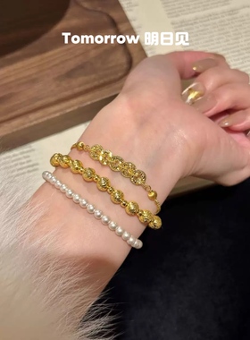 明日见｜金福手链S925纯银碎冰冰五钱币手链转运珠手环金币手饰