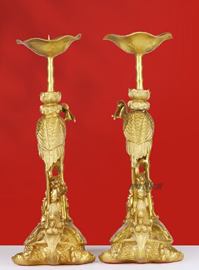 纯手工黄铜龟鹤烛台一对摆件