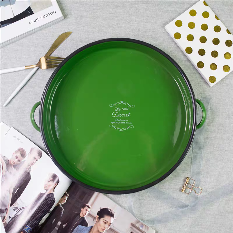 搪瓷 印象 珐琅 复古军绿色双耳圆盘水果盘创意家用欧式大果盆,淘宝优惠券,粉丝福利购,淘宝优惠卷
