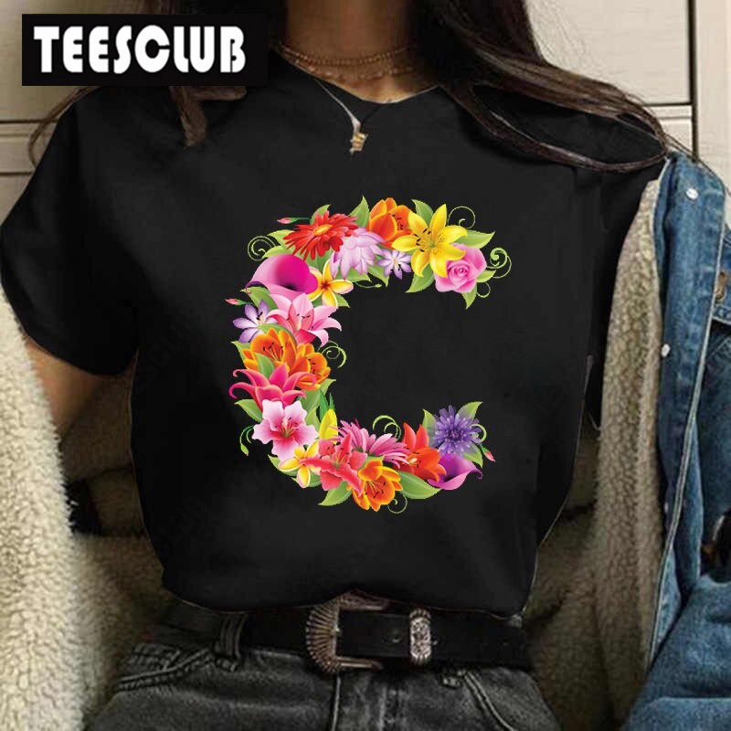 Floral Letter Black T-shirt 优雅花朵英文字母印花黑色短袖t恤 - 图1